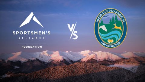 Sportsmen's Alliance Foundation vs Washington Department of Fish and Wildlife logos with Cascade Mountains