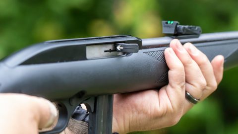 Aiming a .22 caliber rifle with detachable magazine that would be illegal in some states and require registering in others.
