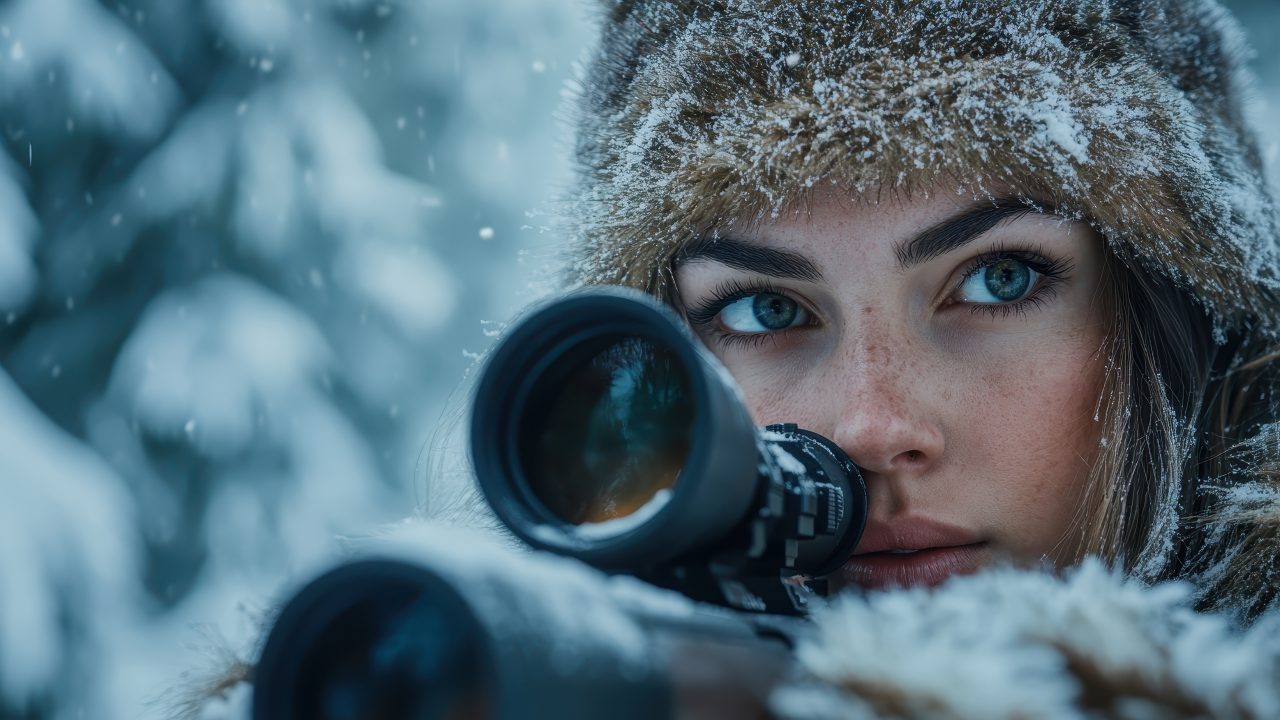 Woman hunter aims rifle in snowy woods wearing fur hat and warm clothes Use for outdoor adventure hunting survival or winter themed projects