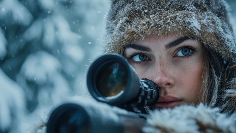 Woman hunter aims rifle in snowy woods wearing fur hat and warm clothes Use for outdoor adventure hunting survival or winter themed projects