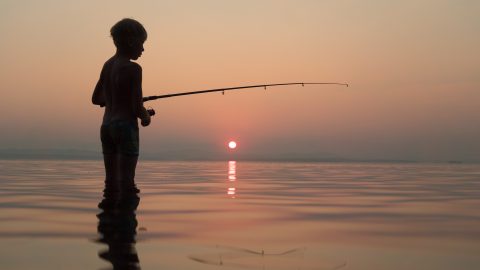 boy fishing with a fishing rod standing in the water in the evening at sunset